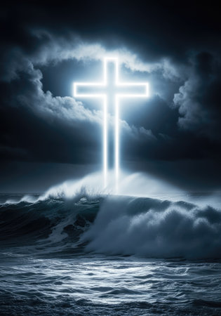 A radiant cross illuminates the turbulent sea, symbolizing faith and hope during challenging timesの写真素材
