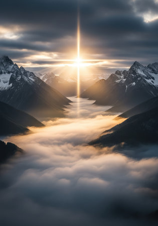 A beam of light shines over a mountain range in a beautiful landscape