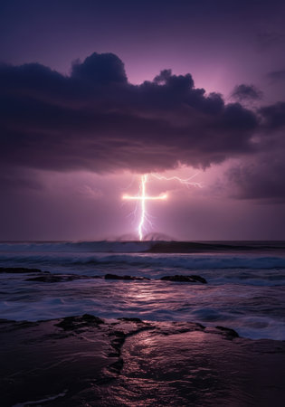 A dramatic image of a lightning strike in the shape of a cross over the ocean evokes feelings of faith and hopeの写真素材
