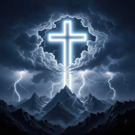 A glowing cross illuminates the sky, symbolizing faith and hope during a powerful stormの写真素材