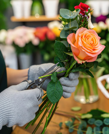 A florist is shown meticulously cutting a rose stem, preparing the flowers for a beautiful arrangementの写真素材