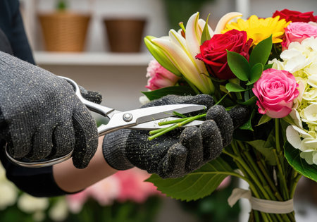 Close up shows a florist's hands wearing gloves while trimming a vibrant floral arrangementの写真素材