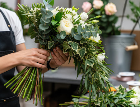 A florist carefully crafts a stunning floral arrangement with fresh flowers and foliage, creating a visual delightの写真素材
