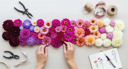 A beautiful display of various flowers is arranged with tools and a notebook, creating a visually appealing compositionの写真素材