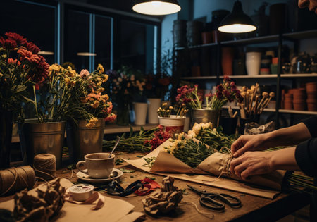 A person is carefully wrapping a bouquet of flowers with brown paper and twine in a flower shopの写真素材