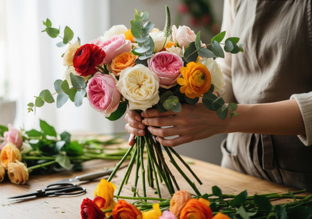 A close up shows a florist's hands carefully arranging a beautiful floral arrangement with various bloomsの写真素材