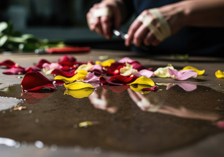 A close up shows colorful rose petals scattered on a wet surface, with hands in the backgroundの写真素材