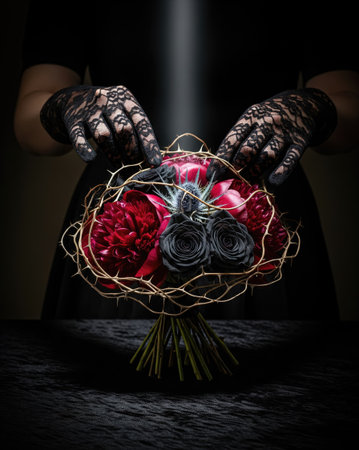 A dramatic floral arrangement features deep red blooms and black roses, framed by a thorny vine, creating a striking visualの写真素材