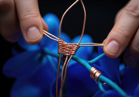 Hands carefully shape copper wire, creating intricate designs with a focus on detail and craftsmanshipの写真素材