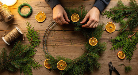 Hands are shown crafting a festive holiday wreath with natural materials on a wooden surfaceの写真素材
