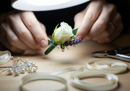 Hands carefully arrange a white rose, lavender, and greenery to create a beautiful boutonniere for a...