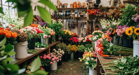 A vibrant floral shop showcases an array of fresh flowers, creating a visually appealing displayの写真素材