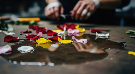 The vibrant petals reflect in the water, creating a beautiful and artistic compositionの写真素材
