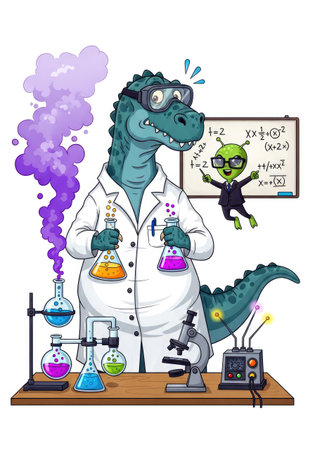 A dinosaur in a lab coat conducts experiments with an alien, creating a fun and educational sceneの写真素材
