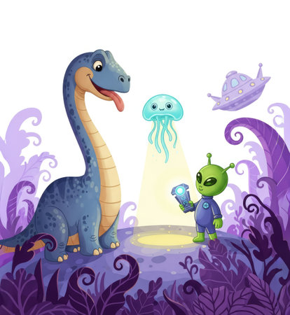 An adorable dinosaur meets an alien in a vibrant, imaginative scene, perfect for children's books or educational materialsの写真素材