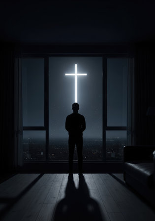 A full-length silhouette of a person stands centered in a dark room, facing a large window.の写真素材