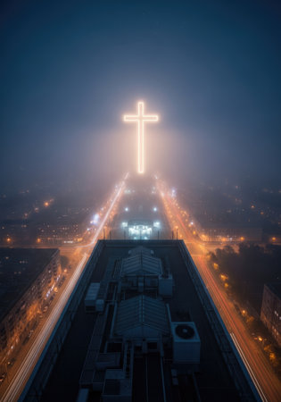 An aerial long-exposure photograph captures a radiant, glowing cross suspended above a city enveloped in mist or fog during the night.の写真素材