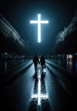A nocturnal scene depicts two silhouetted figures, a man and a woman, walking hand-in-hand down a wet, reflective street.の写真素材