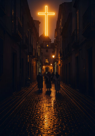 A nocturnal street scene features a narrow cobblestone alley flanked by tall, dark buildings....