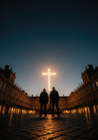 Two silhouetted figures stand on a cobblestone plaza at dusk, gazing at a radiant, neon-lit cross in the sky.の写真素材