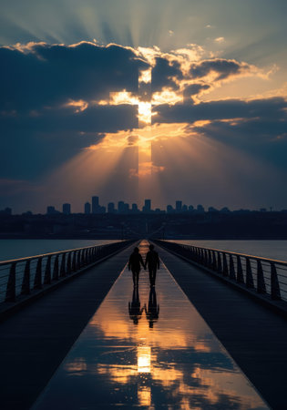 A long exposure photograph captures two silhouetted figures walking hand-in-hand on a pier at sunset. The sky displays dramatic cloud formations with sun rays forming a distinct cross shape.の写真素材