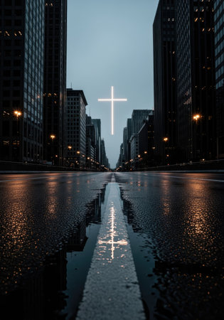 A low-angle, symmetrical view of a wet city street at twilight, flanked by tall, dark buildings. A luminous white cross is centered in the distant sky, reflecting subtly on the wet pavement.の写真素材