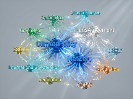 Tag cloud on the theme of climate policy, net zero, and related global initiatives.の写真素材