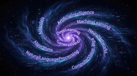 Tag cloud on the theme of artificial intelligence and related technologies, presented as glowing text spiraling within a cosmic galaxy background with digital circuit elements and stars.の写真素材