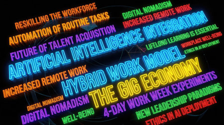 Tag cloud on the theme of the future of work, artificial intelligence, and evolving economic models. Neon-style 3D text in various colors highlights key concepts against a dark background.の写真素材