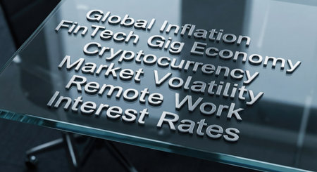 Tag cloud on the theme of modern economic and business concepts. Silver three-dimensional text reflecting on a clear glass surface, with a blurred office background.の写真素材