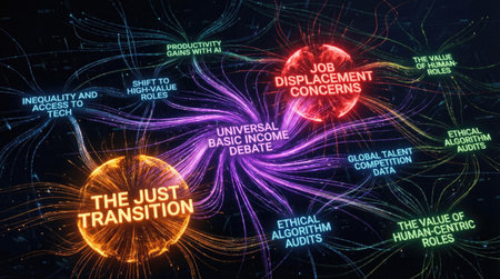 Tag cloud on the theme of artificial intelligence impact on work and society.の写真素材