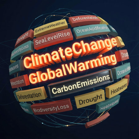 Tag cloud on the theme of climate change and global warming, illustrating various environmental concernsの写真素材