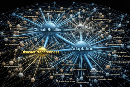 Tag cloud on the theme of climate resilience, disaster preparedness, and adaptation, showing a network of interconnected concepts like risk assessment, urban planning, and green infrastructure.の写真素材