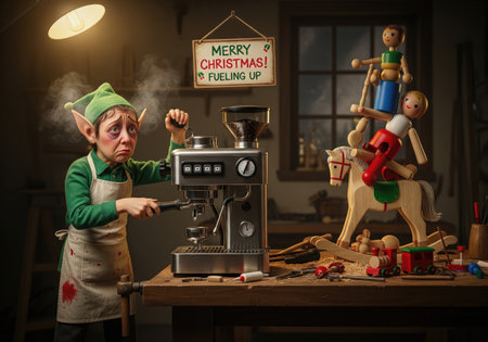 An anthropomorphic elf, exhibiting pronounced periorbital dark circles and epicanthic folds, operates a stainless steel espresso machine on a wooden workbench.の写真素材