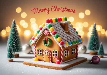 A meticulously decorated gingerbread house stands on a snow-dusted surface, surrounded by miniature bottle brush trees and glitter ornaments.
