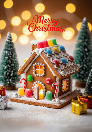 A gingerbread house, adorned with colorful candies, white icing, and silver pearl accents, stands on a powdered sugar surface.