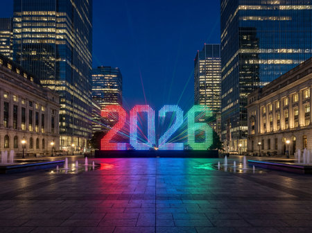 New Year 2026. A vibrant, illuminated 2026 sign stands prominently in a modern city plaza at night,...