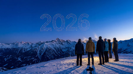 New Year 2026. A group of individuals stands on a snow-covered mountain ridge, observing a drone light show forming the numeral "2026" against a deep blue twilight sky.の写真素材