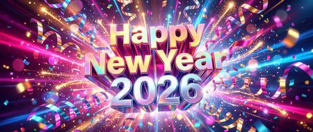 The central focus is the three-dimensional text Happy New Year 2026 rendered in metallic, reflective...