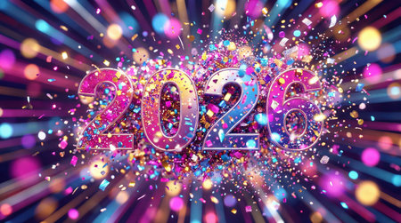 New Year 2026. The metallic, iridescent numerals 2026 are prominently displayed amidst a dynamic...