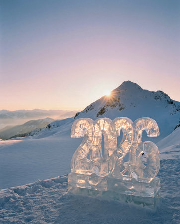 An ice sculpture displaying the numerals '2025' stands prominently in a vast, snow-covered alpine landscape.の写真素材