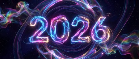 New Year 2026. The numeral '2026' is rendered in vibrant, glowing light trails, exhibiting a...