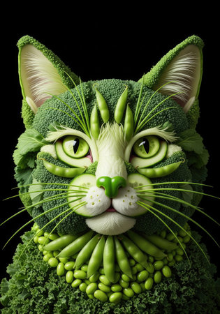 A detailed sculpture of a cat's head and upper body, meticulously crafted from various green vegetables. Broccoli florets form the fur, with cucumber slices for eyes and pea pods for eyelids.の写真素材