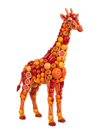 A standing giraffe figure is meticulously crafted from various fresh fruits and vegetables.の写真素材