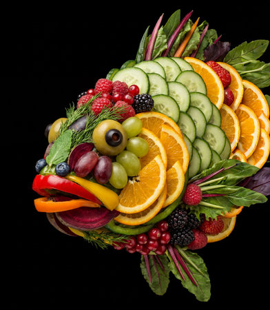 A fish-shaped arrangement of fresh fruits and vegetables is presented on a black background.