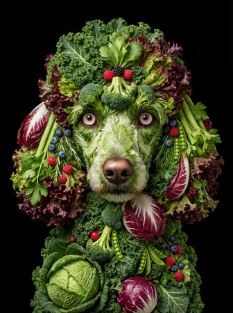 A meticulously crafted poodle figure is composed entirely of fresh vegetables and fruits, set against a solid black background.の写真素材