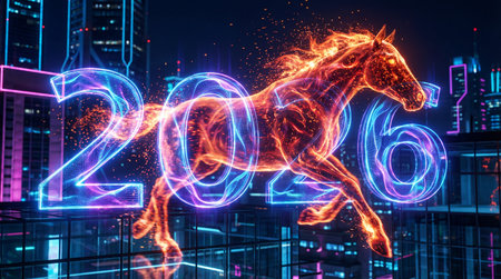 A dynamic, digitally rendered red fire horse, composed of glowing particles and energy, gallops through the illuminated numbers "2026".の写真素材