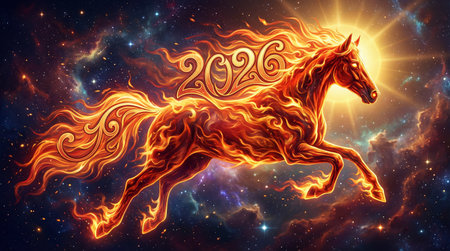 A vibrant, fiery horse, emblematic of the Red Fire Horse of the 2026 Eastern Zodiac, gallops across a cosmic expanse. The year '2026' is intricately formed within its flaming mane and body.の写真素材
