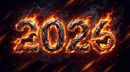 The year 2026 is rendered in stylized, molten metallic numerals engulfed in vibrant flames and smoke.の写真素材