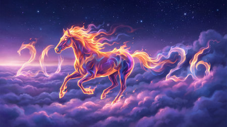 A vibrant, fiery horse gallops through a celestial expanse of purple and blue clouds under a starry night sky.の写真素材